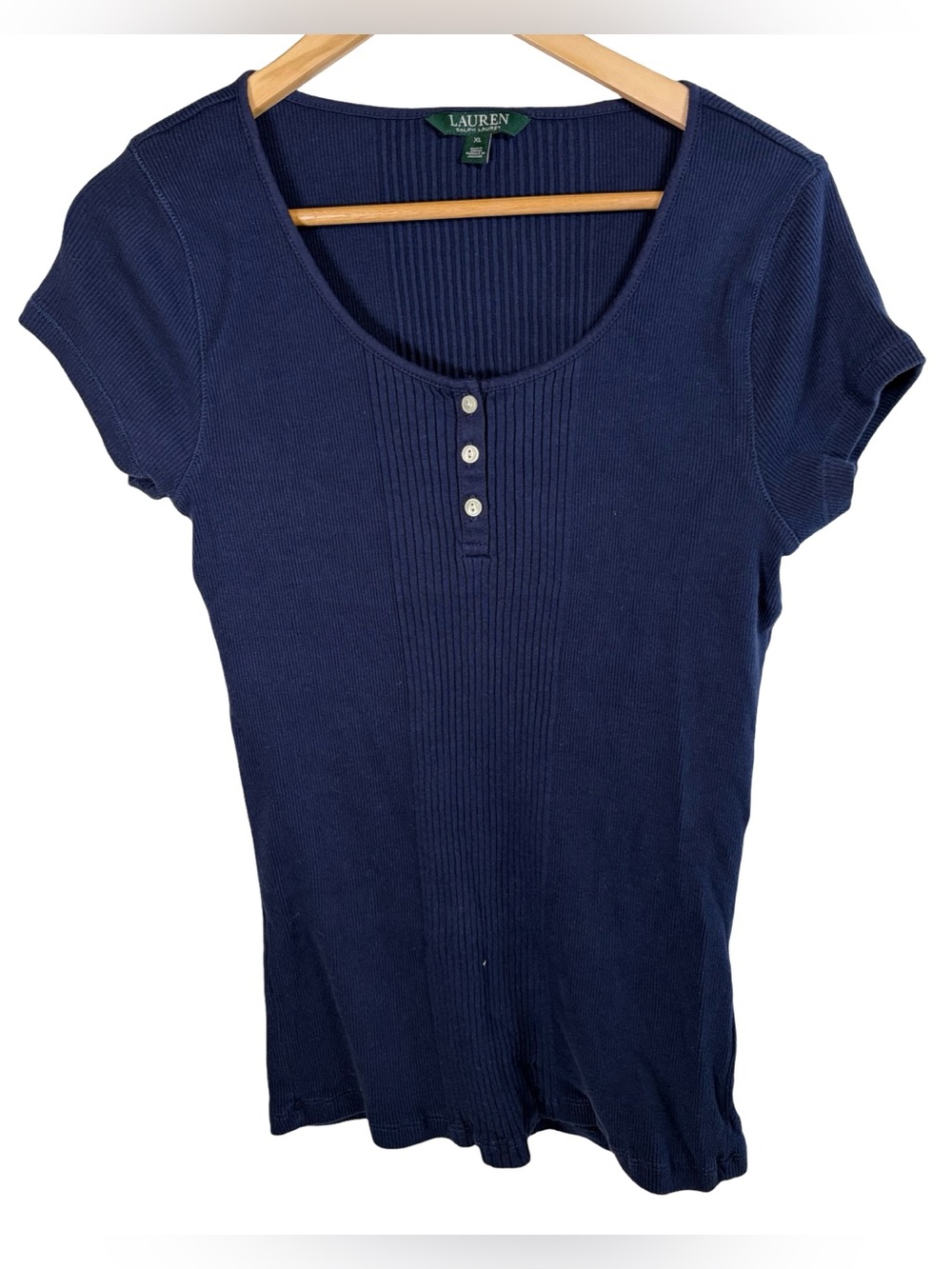 Lauren Ralph Lauren Navy Ribbed Henley Scoop Neck Top XL